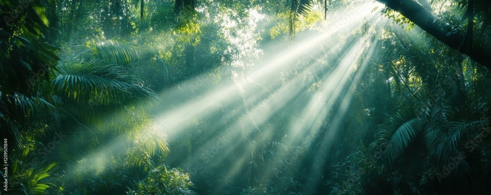 Poster scenic drone shot of a dense forest with sunlight breaking through the canopy.
