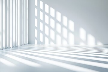 Fototapeta premium Abstract minimalist white background with vertical stripes creating depth, bright room with light from the left side, perfect for interior design, fashion, or product displays.