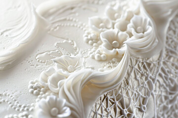 Close-up of intricate white cake decorations featuring elegant flowers and lace-like patterns, showcasing artisan craftsmanship. Perfect for events, weddings, or celebrating in culinary creations