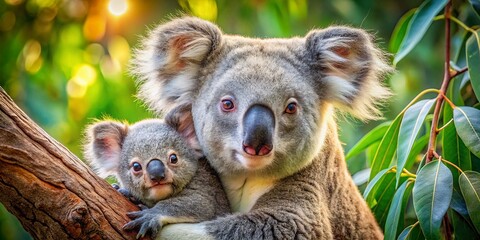 Fototapeta premium Adorable Koala and Joey Cuddling in Eucalyptus Tree - Stock Photo