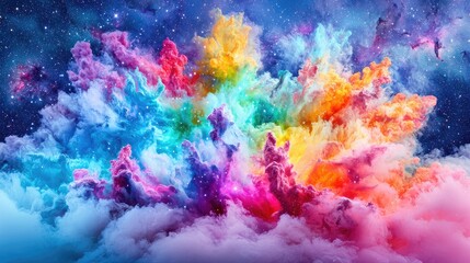 Colorful cosmic explosion over clouds; vibrant fantasy art for design
