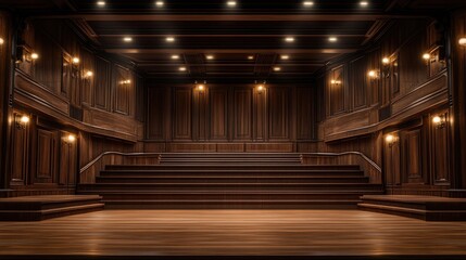 Flatlay of a classic concert venue with elegant wood and lighting effects, offering space for logo or text placement.