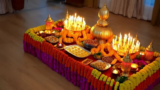 Several lit candles and traditional indian sweets displayed on a decorated altar during a hindu religious ceremony