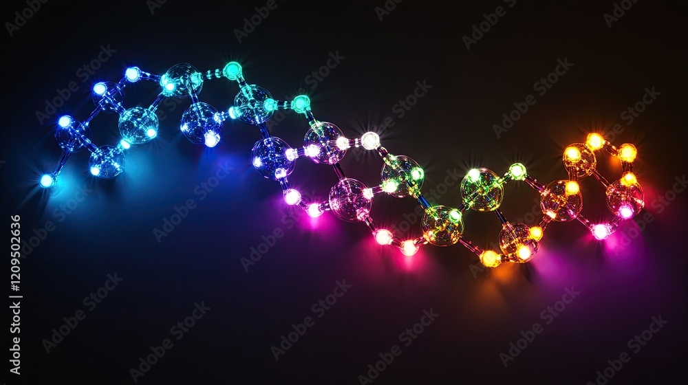 Poster flatlay of a colorful dna sequence with glowing molecules arranged on a black surface, offering ampl