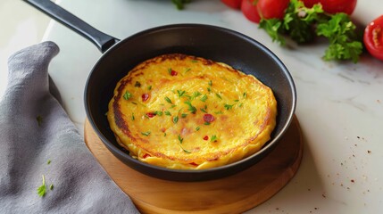 Omelet garnished with vegetables in a black frying pan on a wooden board