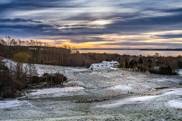 Scenic View of Fjord and Field Under Dramatic Sky, Daugaard, Denmark