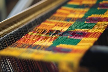 Vibrant woven fabric emerging from loom.