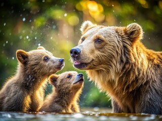 Obraz premium Adorable Miniature Mother Bear Giving Affectionate Kisses to her Cubs - Tilt-Shift Photography
