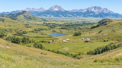 Naklejka premium Mountain valley ranch summer landscape, scenic view, travel postcard
