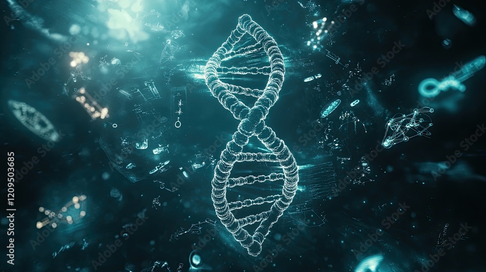 Poster flatlay of a dna helix surrounded by scientific icons and symbols, creating ample space for branding