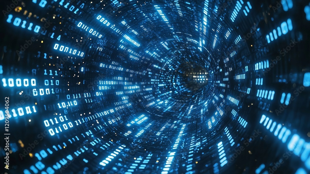 Aufkleber digital data tunnel, futuristic technology, speed, flow, binary code, abstract background, website h