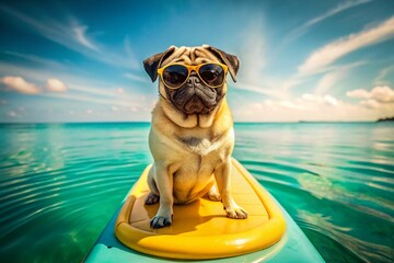 Adorable Pug in Sunglasses Paddleboarding Summer Fun Dog Water Sport