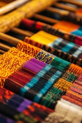 Colorful woven textiles on wooden poles in rows.
