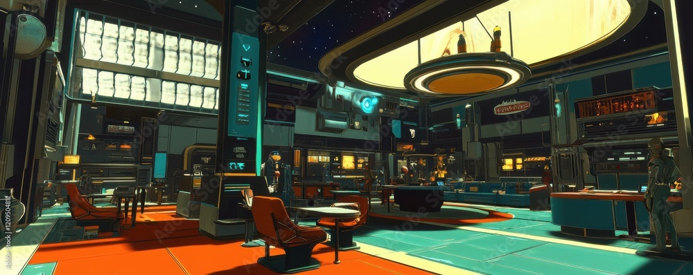 Poster a bustling space station serving as a university for aspiring intergalactic explorers.