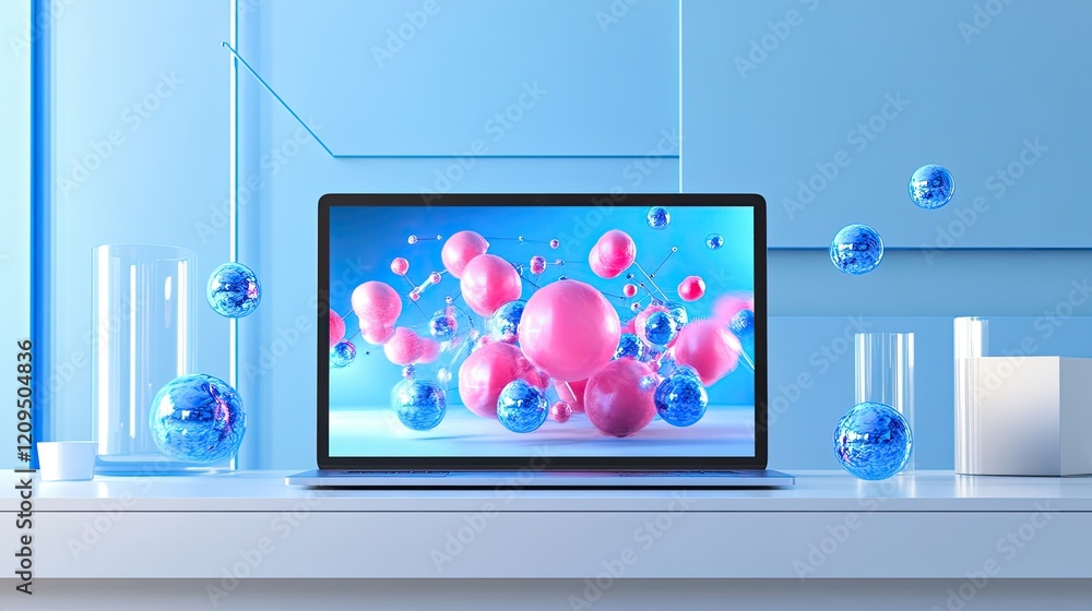 Poster flatlay of a clean desk with a laptop showing ai-driven video generation, displaying a scene being c