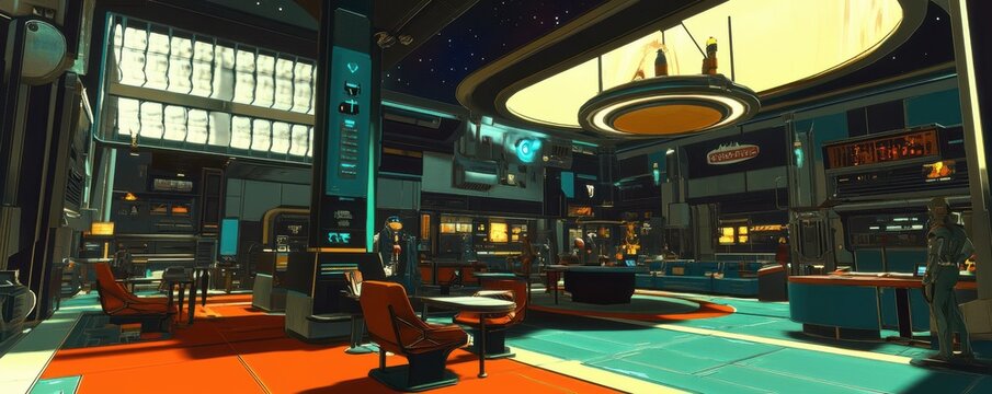 A bustling space station serving as a university for aspiring intergalactic explorers.