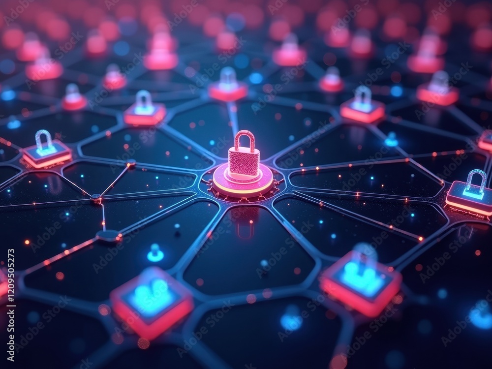 Poster cybersecurity network visualization with digital padlocks in a connected web highlighting data prote