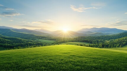 Obraz premium Serene Sunrise Over Rolling Green Hills Landscape
