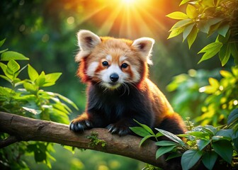 Adorable Red Panda Perched on a Lush Treetop - Aerial View