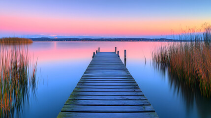 Obraz premium Serene Sunset over Still Lake with Wooden Dock, sunrise, pier, water, calm, peaceful