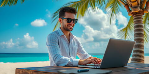 Carefree confident happy young man in a white shirt works on a laptop at a table on the beach in the summer. Happy joyful moment under coconut palm trees, remote home-office concept, travel lifestyle