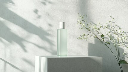 Minimalist glass bottle on a pedestal with natural botanical elements, shadows enhancing a serene and calming atmosphere.