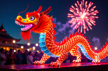 Fototapeta premium Colorful dragon lantern stands out as fireworks burst overhead during a lively festival at night