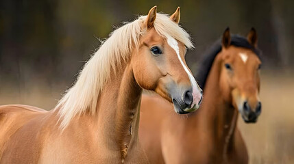 Obraz premium Two Beautiful Horses in a Field, equine, chestnut horse, palomino horse, blonde mane, brown horse