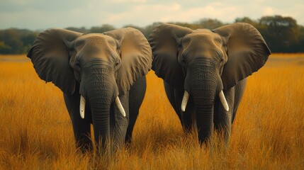 Fototapeta premium Two majestic elephants stand side by side in a vast golden grassland, illuminated by the warm glow of the setting sun, showcasing their impressive stature and tusks. Generative AI