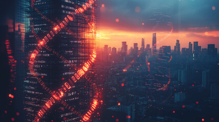 Stunning double exposure of a vibrant city skyline against a twilight backdrop with digital elements interwoven
