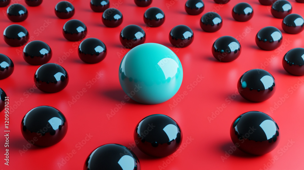 Poster 3d of small blue spheres on a red background, forming a spiral pattern with a large teal sphere in t