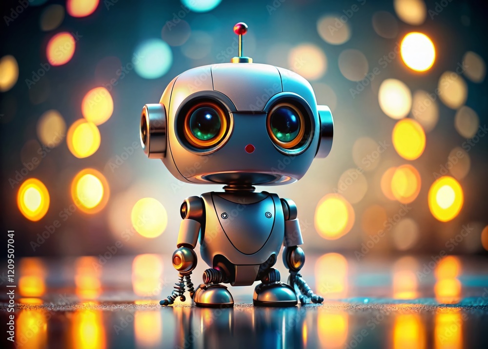Poster adorable tiny 3d ai robot with antennae, crouched pose, bokeh background - stock photo