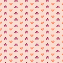 Watercolor red and crimson hearts arranged alternately. Seamless pattern, hand-drawn on a pink background. Suitable for weddings, Valentine's Day, birthdays, anniversaries, for textiles, packaging.
