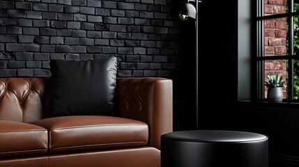 Dark brown leather couch in modern room, brick wall, window. Home decor, interior design