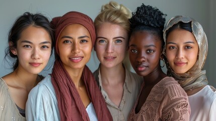 international Women day. Girls different ethnic stand together, smiling. Dressed in various styles, celebrating diversity, connection. The atmosphere feel friendly and inviting. Happy Galentine's Day