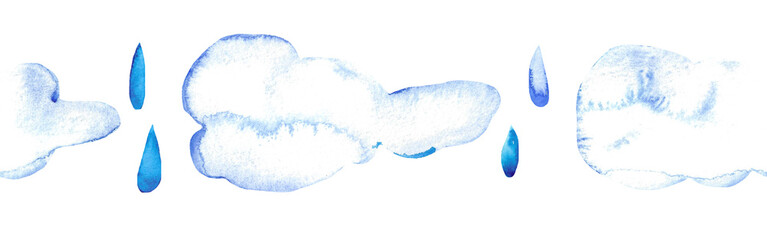 Blue, white air balloons, clouds and stars. Watercolor isolated hand drawn seamless border. Banner for website, postcards, decoration of children's rooms