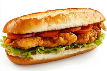 A fried chicken sandwich in a baguette with tomatoes and lettuce isolated on a white background