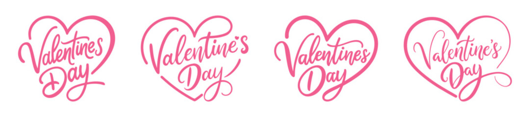  Set of “valentine's day” inscriptions hand drawn with brush. With a heart. Calligraphic inscriptions on white background, vector illustration.