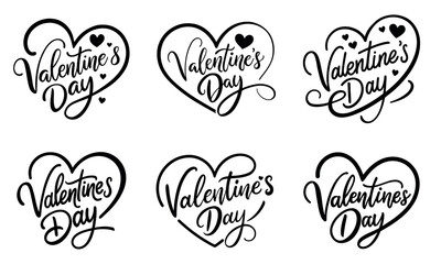  Set of “valentine's day” inscriptions hand drawn with brush. With a heart. Calligraphic inscriptions on white background, vector illustration.