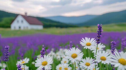 Obraz premium The seasonal ecology of a wildflower meadow Scenic view of flowers with a house and mountains in the background.