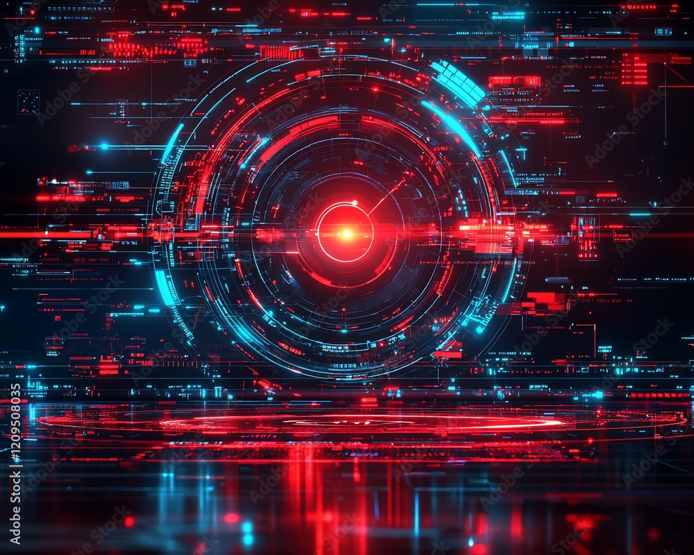 Poster abstract digital hud interface with glowing red and blue circles, lines, and data streams on dark ba