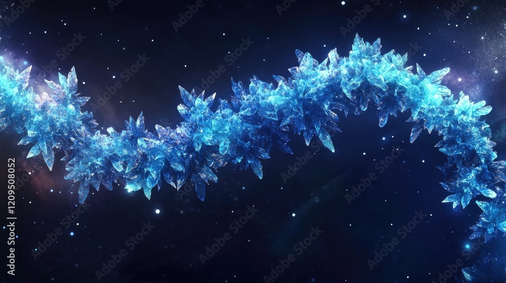 Poster overhead shot of a digital rendering of a dna strand in glowing blue, against a dark background with