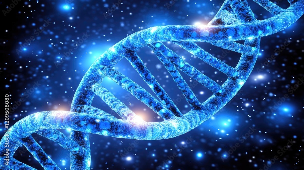 Aufkleber overhead shot of a digital rendering of a dna strand in glowing blue, against a dark background with