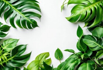 Naklejka premium Lush Green Tropical Leaves Frame Against a Minimalist White Background