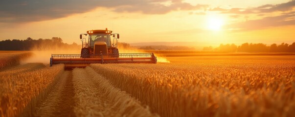 Fototapeta premium Wheat grain pouring from a harvester in a golden field during sunset, showcasing an abundant harvest scene with warm tones and a natural backdrop