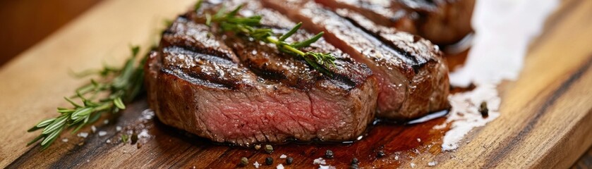 Juicy grilled steak with herbs on a wooden board.