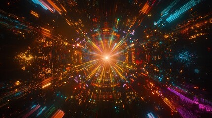 Naklejka premium Overhead shot of a concert music stage, illuminated with colorful stage lights in a variety of hues, with empty space for copy.