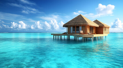 Overwater Bungalow in Tropical Paradise, ocean, sea, turquoise water, beach, vacation