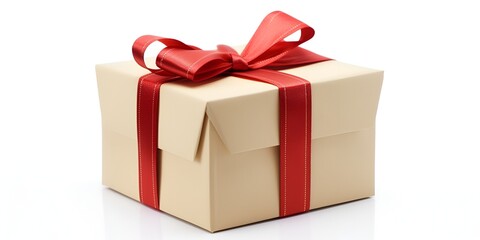 A gift box with a red ribbon, isolated on a white background. The gift is wrapped in beige pape