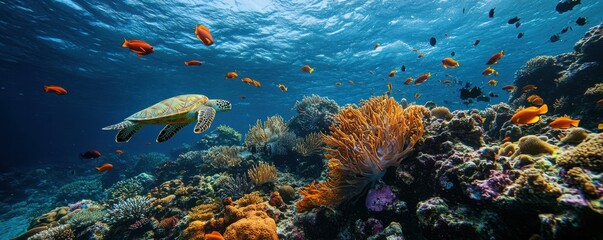 A vibrant coral reef teeming with colorful fish and graceful sea turtles, creating a mesmerizing underwater spectacle.